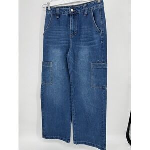 Women's‎ Y2K Wide Leg Cargo Jeans Size 10  30x31 Navy Blue Denim Relaxed Fit